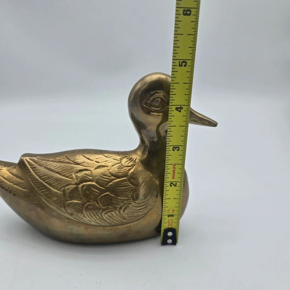 Vintage Solid Brass Duck Figurine Sculpture Detailed Feathers Warm Patina 6.5
